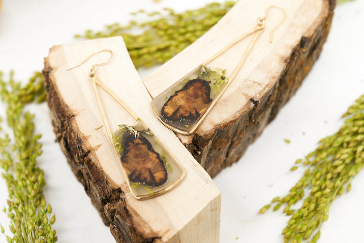 Branch and Barrel Lichen Long Fan earrings.  Central Oregon Lichen & Juniper suspended in resin, framed in hand forged sterling-silver or 14k gold-fill.  **New Design**  Buy One, Plant One - One tree planted for every Branch+Barrel piece sold.