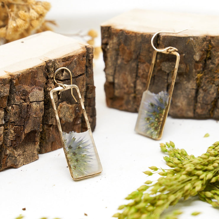 Branch and Barrel Designs Globe Thistle Rectangle Earrings. Sterling silver or 14 karat gold jewelry