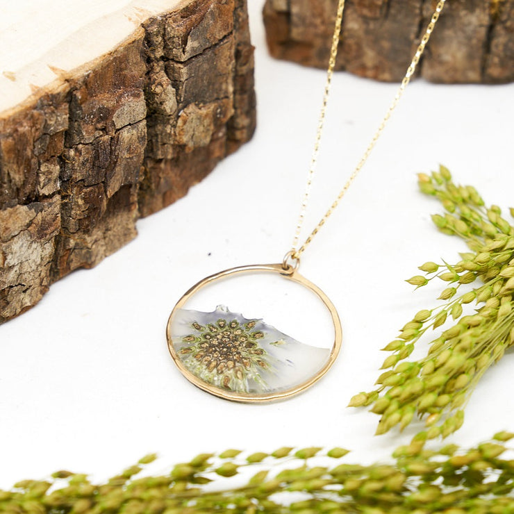 Branch and Barrel Designs Globe Thistle and resin circle pendant  necklace framed in hand forged 14 karat gold-fill or sterling silver
