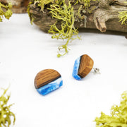 Branch and Barrel "North" Reclaimed Bourbon Barrel Stave Stud Earrings  Reclaimed oak bourbon barrel and hand tinted blue resin set on a Sterling Silver post.  New for 2020!  Buy One, Plant One - One tree planted for every Branch+Barrel piece sold!