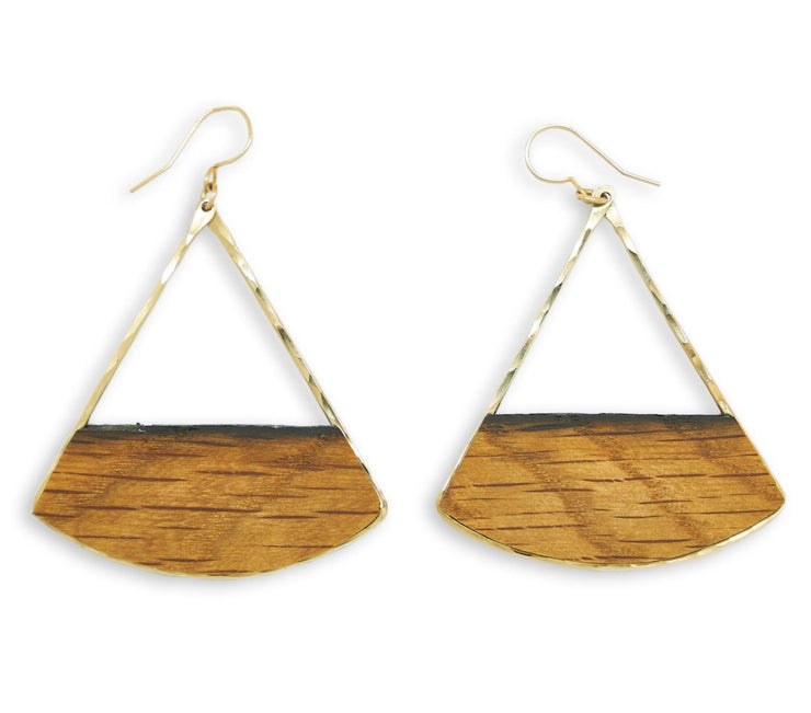 Branch and Barrel Designs Large fan earrings. Hand-cut reclaimed oak barrel stave framed with hand-forged 14k gold fill or sterling silver. Your choice of bourbon or red wine barrel.  Buy One Plant One - One Tree Planted for every Branch+Barrel piece sold!