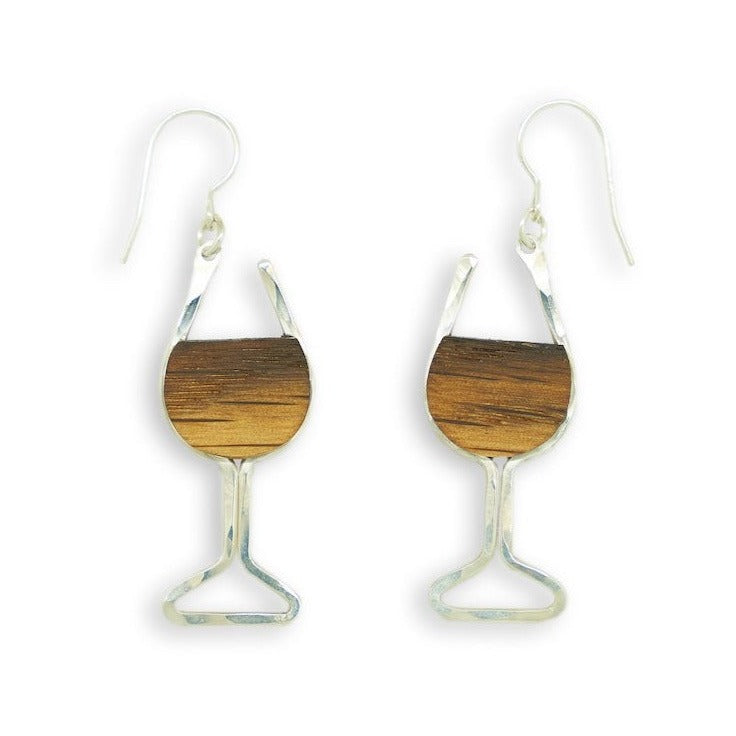 Branch and Barrel Designs wine glass earrings. Hand-cut reclaimed oak wine barrel stave framed with hand-forged 14k gold fill or sterling silver.  Buy One Plant One - One Tree Planted for every Branch+Barrel piece sold!