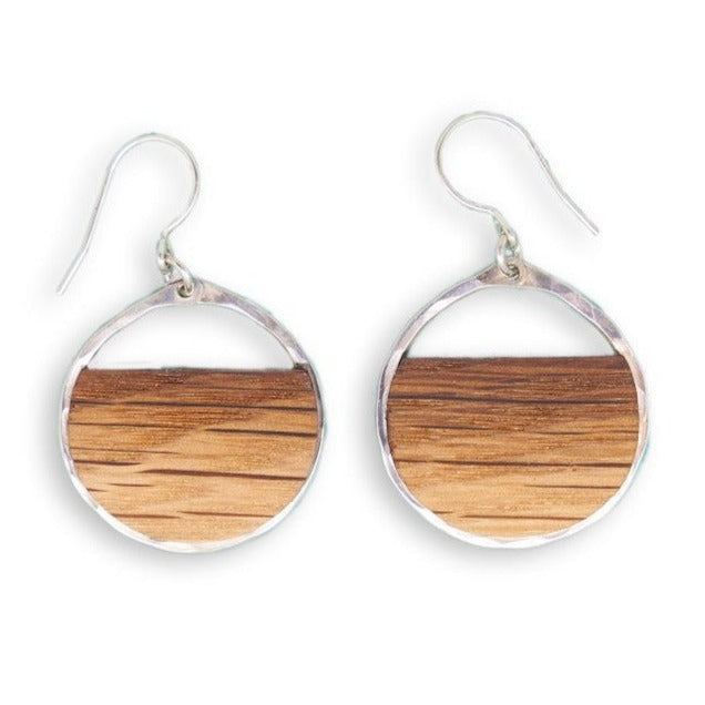 Branch+Barrel Small Barrel Stave Hoop Earrings. Reclaimed oak barrel stave framed in hand forged sterling-silver or 14k gold-fill. Your choice of either red wine or bourbon barrel stave.  Buy One, Plant One - One tree planted for every Branch+Barrel piece sold.
