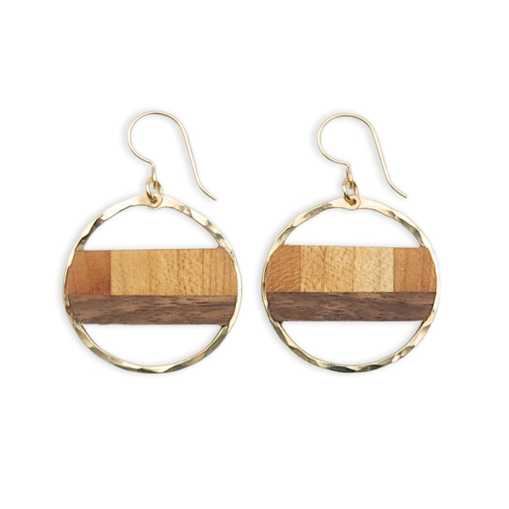 This piece is inspired and sourced from the scraps of local woodworkers. Each pair will have a slightly different wood pattern. Framed in your choice of sterling silver or 14k gold-fill.  Buy One Plant One - One tree planted for every Branch+Barrel piece sold!