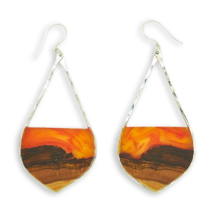 Branch and Barrel "Westward" Basswood Earrings  Hand cut basswood and hand tinted resin framed in your choice of hand-forged Sterling Silver or 14k Gold-Fill  Buy One Plant One - One Tree Planted for every Branch and Barrel piece sold!