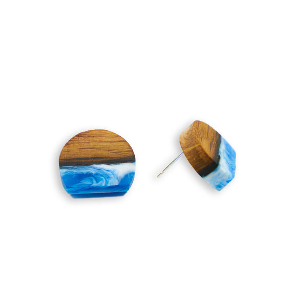 Branch and Barrel "North" Reclaimed Bourbon Barrel Stave Stud Earrings  Reclaimed oak bourbon barrel and hand tinted blue resin set on a Sterling Silver post.  New for 2020!  Buy One, Plant One - One tree planted for every Branch+Barrel piece sold!