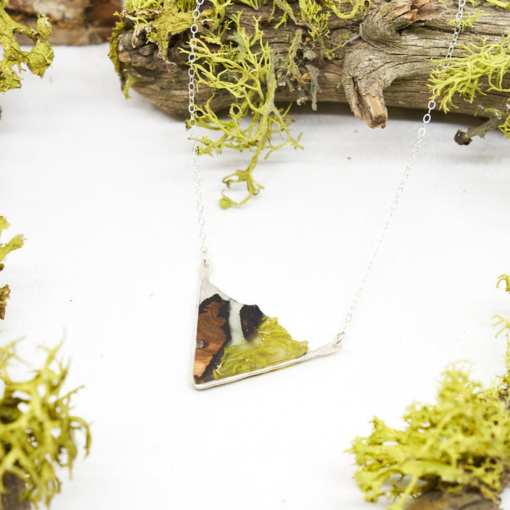Branch and Barrel Lichen & Juniper Wedge Necklace.  Central Oregon Lichen & Juniper suspended in resin, framed in hand forged sterling-silver or 14k gold-fill.  **New Design**  Buy One, Plant One - One tree planted for every Branch+Barrel piece sold.