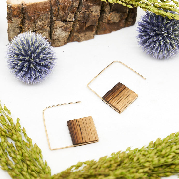 Branch+Barrel pull through diamond barrel stave earrings.  Reclaimed Oak Bourbon or Wine Barrel Stave framed with your choice of barrel stave and hand-Forged Sterling Silver or 14k Gold-Fill.  Buy One Plant One - One Tree Planted for every Branch+Barrel piece sold!