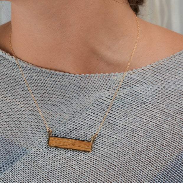 Reclaimed Oak Barrel Stave Horizontal Bar Necklace  Your choice of wine or bourbon barrel stave framed in hand-forged Sterling Silver or 14k Gold-Fill  Buy One Plant One -One tree planted for every Branch and Barrel piece sold!