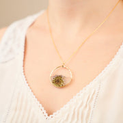 Branch and Barrel Designs Globe Thistle and resin circle pendant  necklace framed in hand forged 14 karat gold-fill or sterling silver