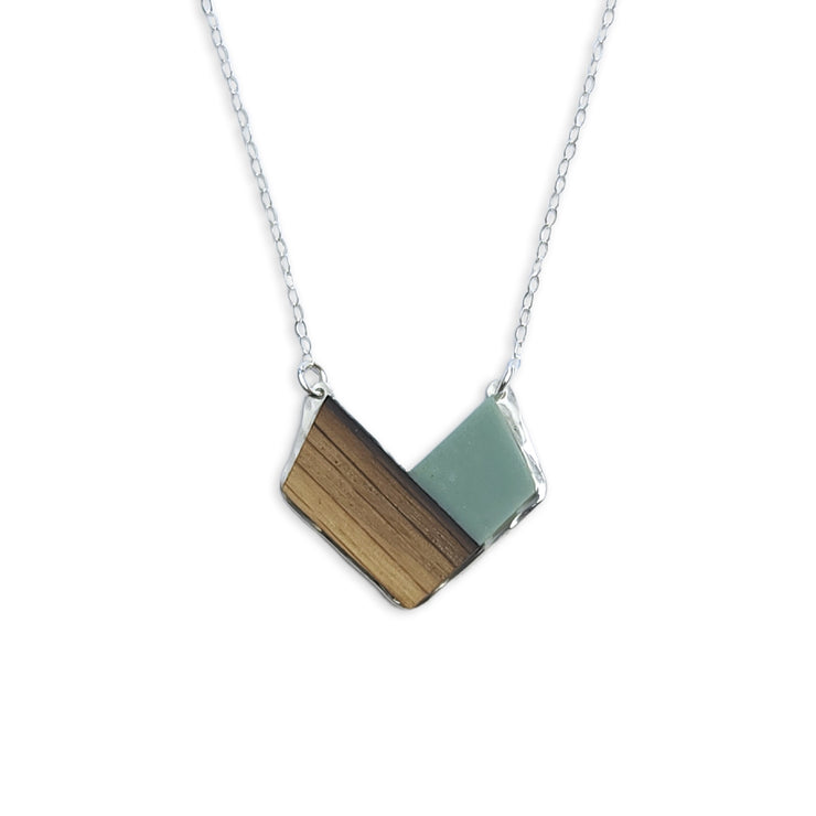 Reclaimed bourbon barrel stave with sage resin, framed in your choice of sterling silver or 14k gold-fill.  16"-17.5" necklace chain length  Buy One Plant One - One tree planted for every Branch+Barrel piece sold!