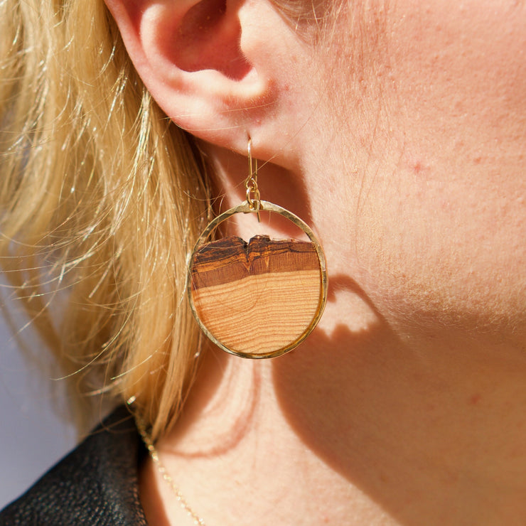 Branch and Barrel Basswood small hoop earrings.   Hand cut basswood framed in your choice of hand forged metal; 14k gold-fill or sterling silver.  Buy One Plant One - One tree planted for every Branch and Barrel piece sold!
