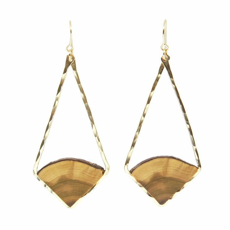 Central Oregon Juniper Elongated Diamond Earrings.  Hand cut Central Oregon Juniper framed with your choice of hand-forged metal; 14k gold fill or sterling silver.  Buy One Plant One - One tree planted for every Branch and Barrel piece sold.