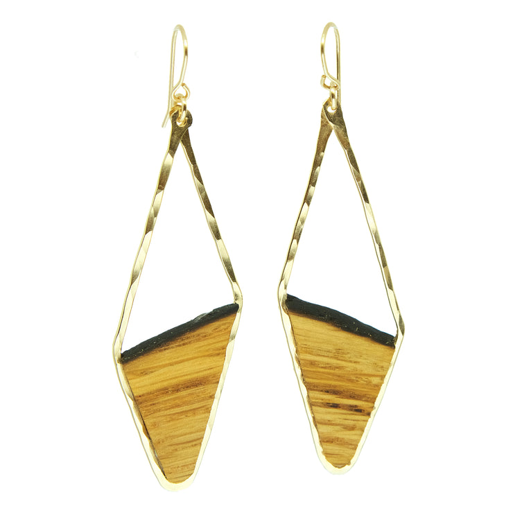 Branch and Barrel Designs earrings. Hand-cut reclaimed oak barrel stave framed with hand-forged 14k gold fill or sterling silver.