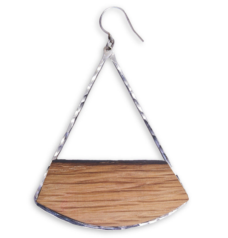 Large fan earrings. Hand-cut reclaimed oak barrel stave framed with hand-forged 14k gold fill or sterling silver. Your choice of bourbon or red wine barrel.  Buy One Plant One - One Tree Planted for every Branch+Barrel piece sold!
