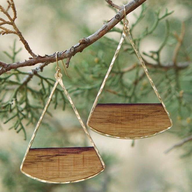 Large fan earrings. Hand-cut reclaimed oak barrel stave framed with hand-forged 14k gold fill or sterling silver. Your choice of bourbon or red wine barrel.  Buy One Plant One - One Tree Planted for every Branch+Barrel piece sold!