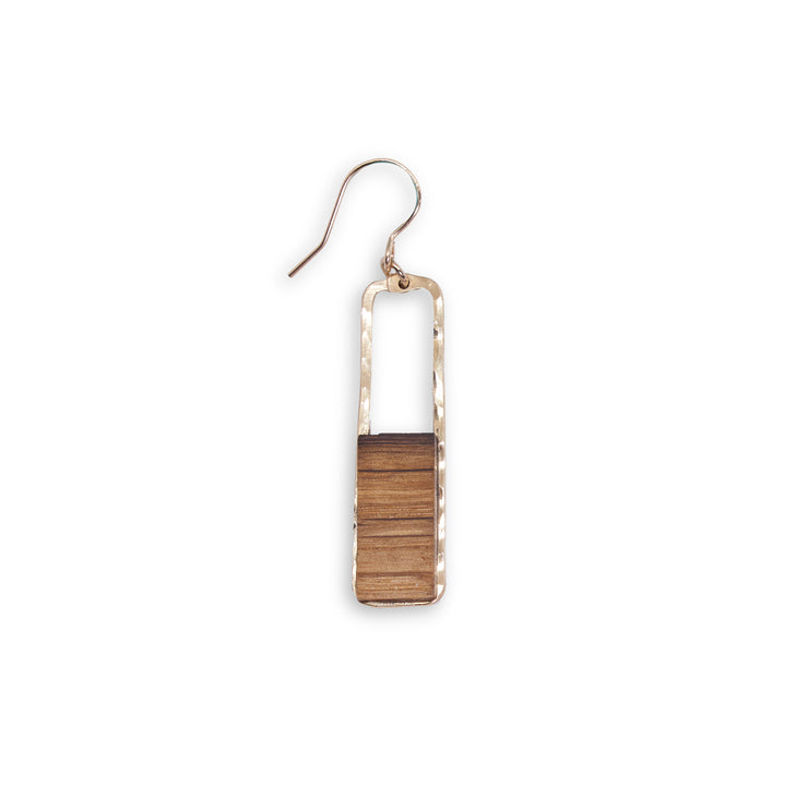 ​Branch and Barrel Designs barrel stave rectangle earrings. Hand-cut reclaimed oak barrel stave framed with hand-forged 14k gold fill or sterling silver. Your choice of bourbon or red wine barrel.  Buy One Plant One - One Tree Planted for every Branch+Barrel piece sold!