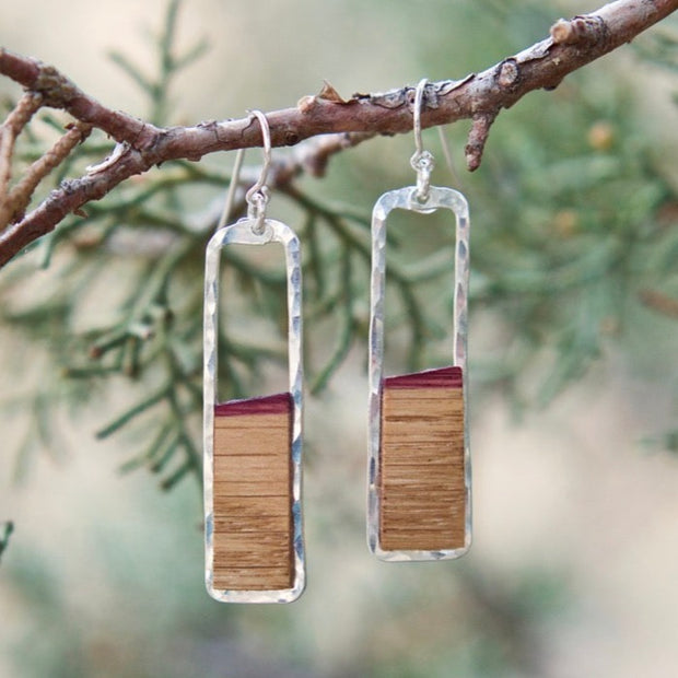 ​Branch and Barrel Designs barrel stave rectangle earrings. Hand-cut reclaimed oak barrel stave framed with hand-forged 14k gold fill or sterling silver. Your choice of bourbon or red wine barrel.  Buy One Plant One - One Tree Planted for every Branch+Barrel piece sold!
